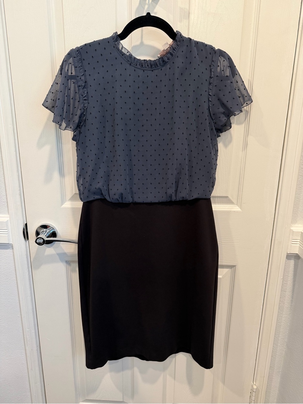 LOFT Navy Dotted Chiffon Top with Black Skirt Dress